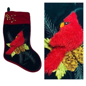 Santa’s Best 3D Red Cardinal on Branch Embroidered Velvet Christmas Stocking